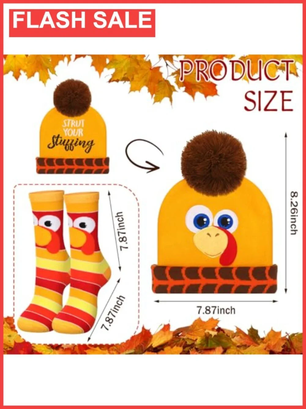 Thanksgiving Turkey Trot Beanie Hat and Sock Set Knit Pom Pom Caps